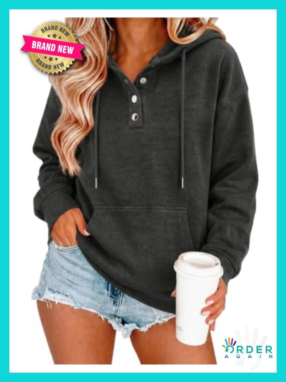 Zeagoo Womens V-Neck Button Front Hoodie Kangaroo Pocket Fall Casual Sweatshirt